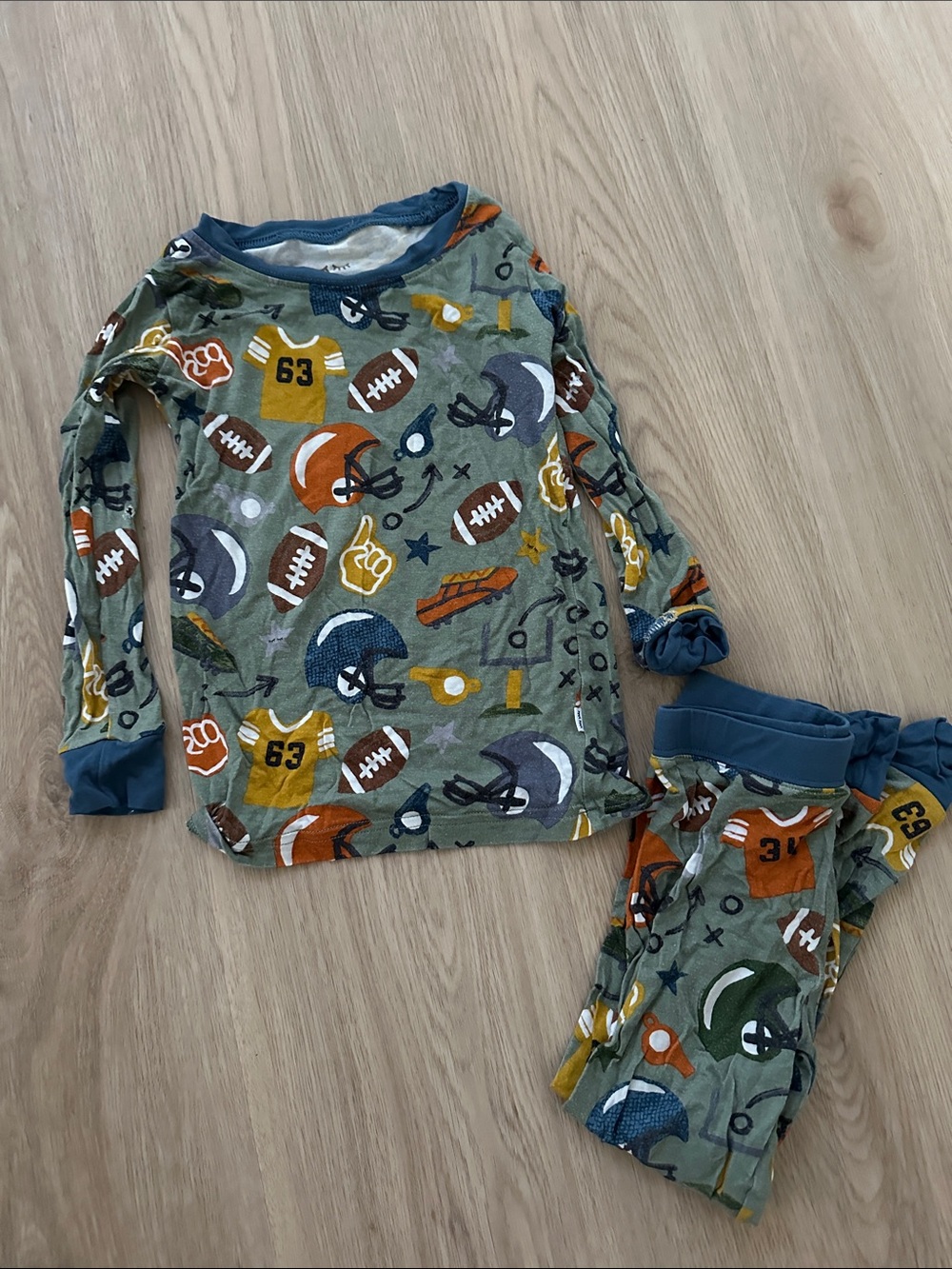 Little Sleepies Green Football-Print Pajama Set with Blue Trim